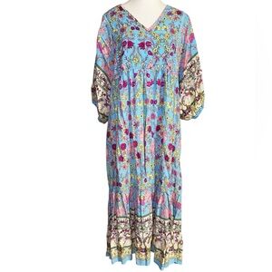 Rusttydusttty Bohemian Cottagecore Blue & Pink Floral Tiered Midi Dress